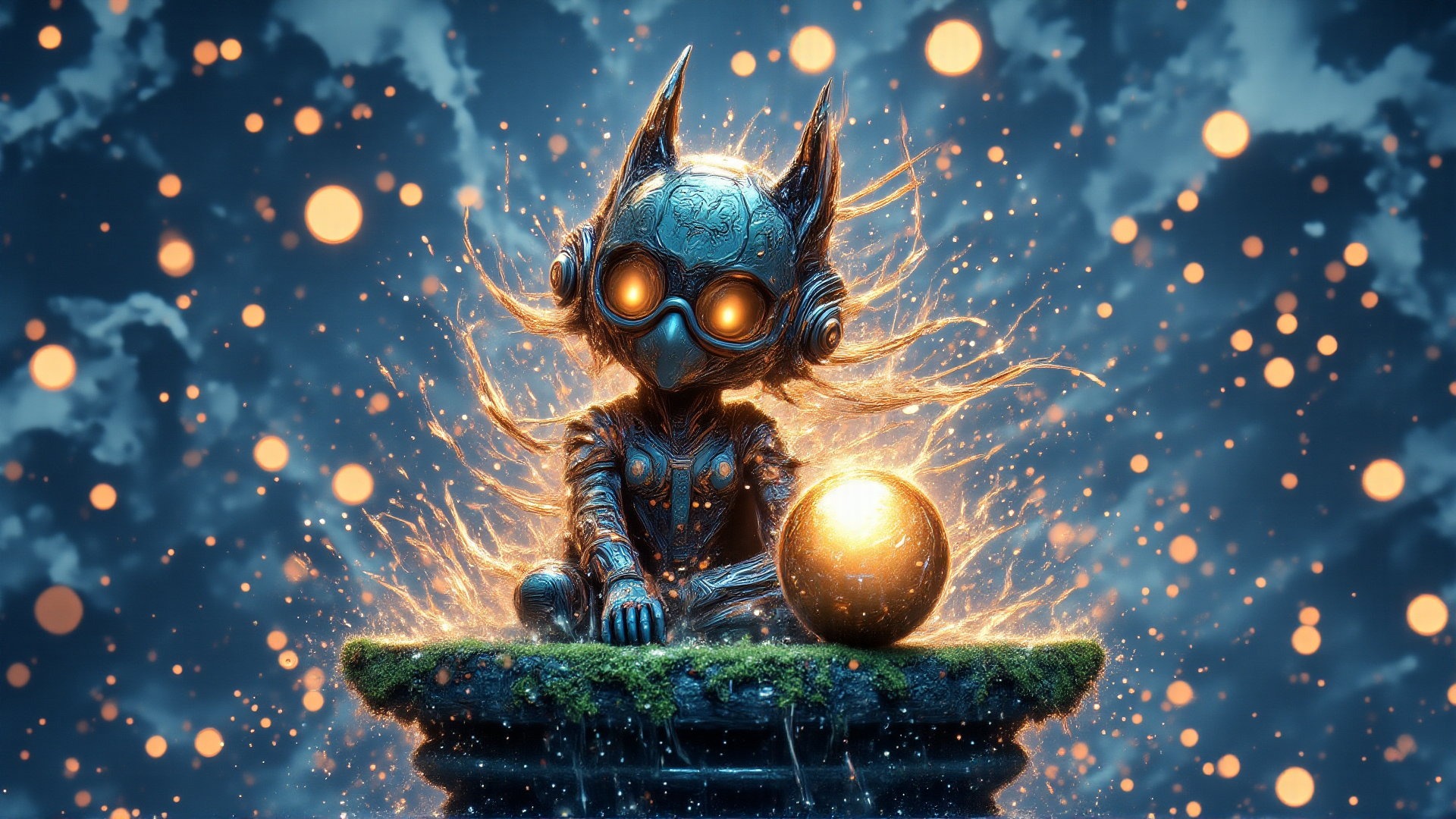AI generated wallpaper featuring robot, cat, orb