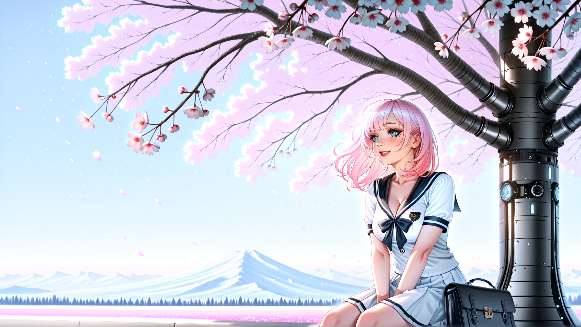 AI generated wallpaper featuring girl, cherry blossom tree, mountain, school uniform, sakura, robot tree, briefcase, sky, flower petals, water