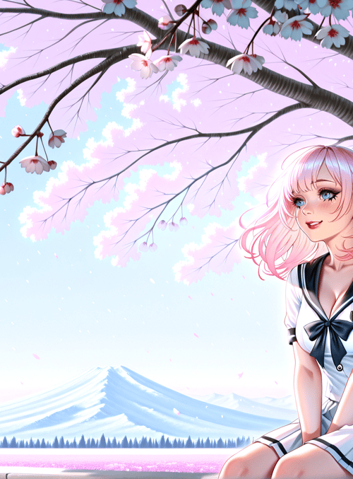 girl, cherry blossom tree, mountain, school uniform, sakura, robot tree, briefcase, sky, flower petals, water
