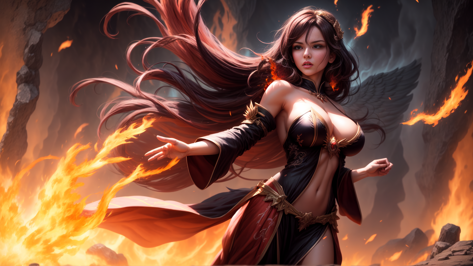 AI generated wallpaper featuring woman, angel, fire