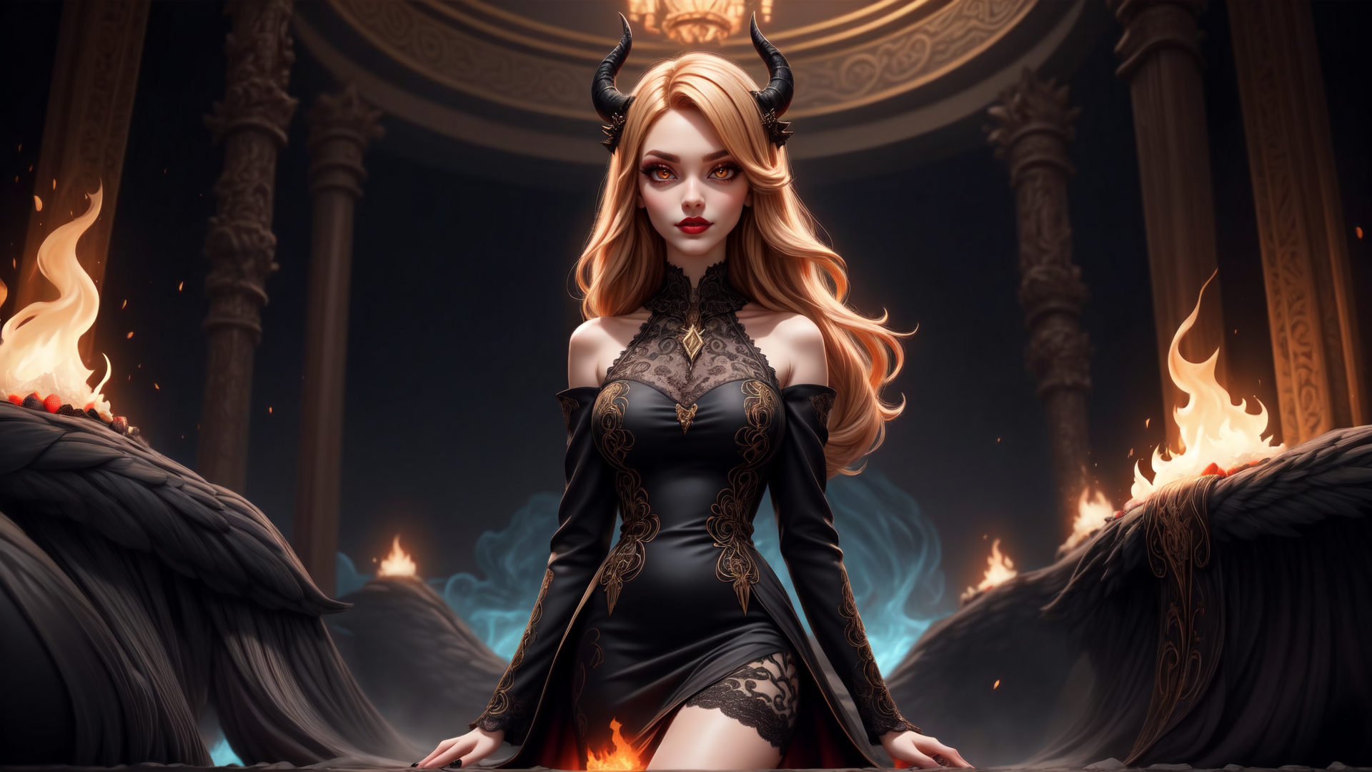 AI generated wallpaper featuring woman, horns, dress, wings, fire, columns, chandelier, smoke, lambent, gown