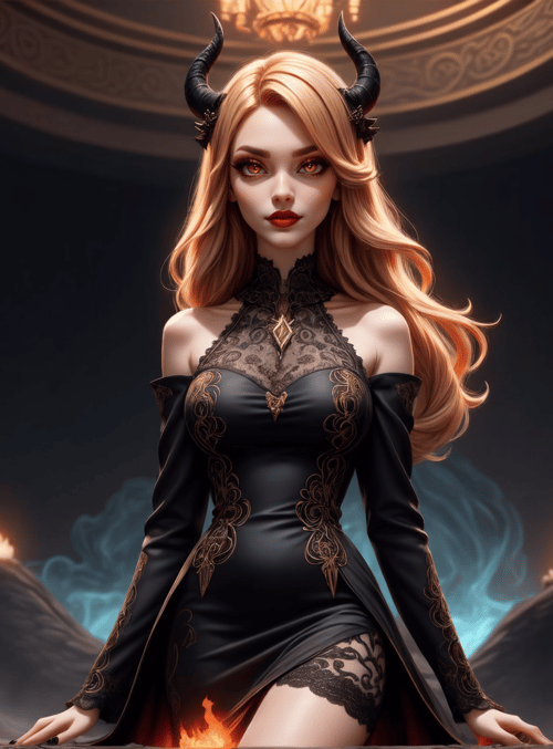 woman, horns, dress, wings, fire, columns, chandelier, smoke, lambent, gown