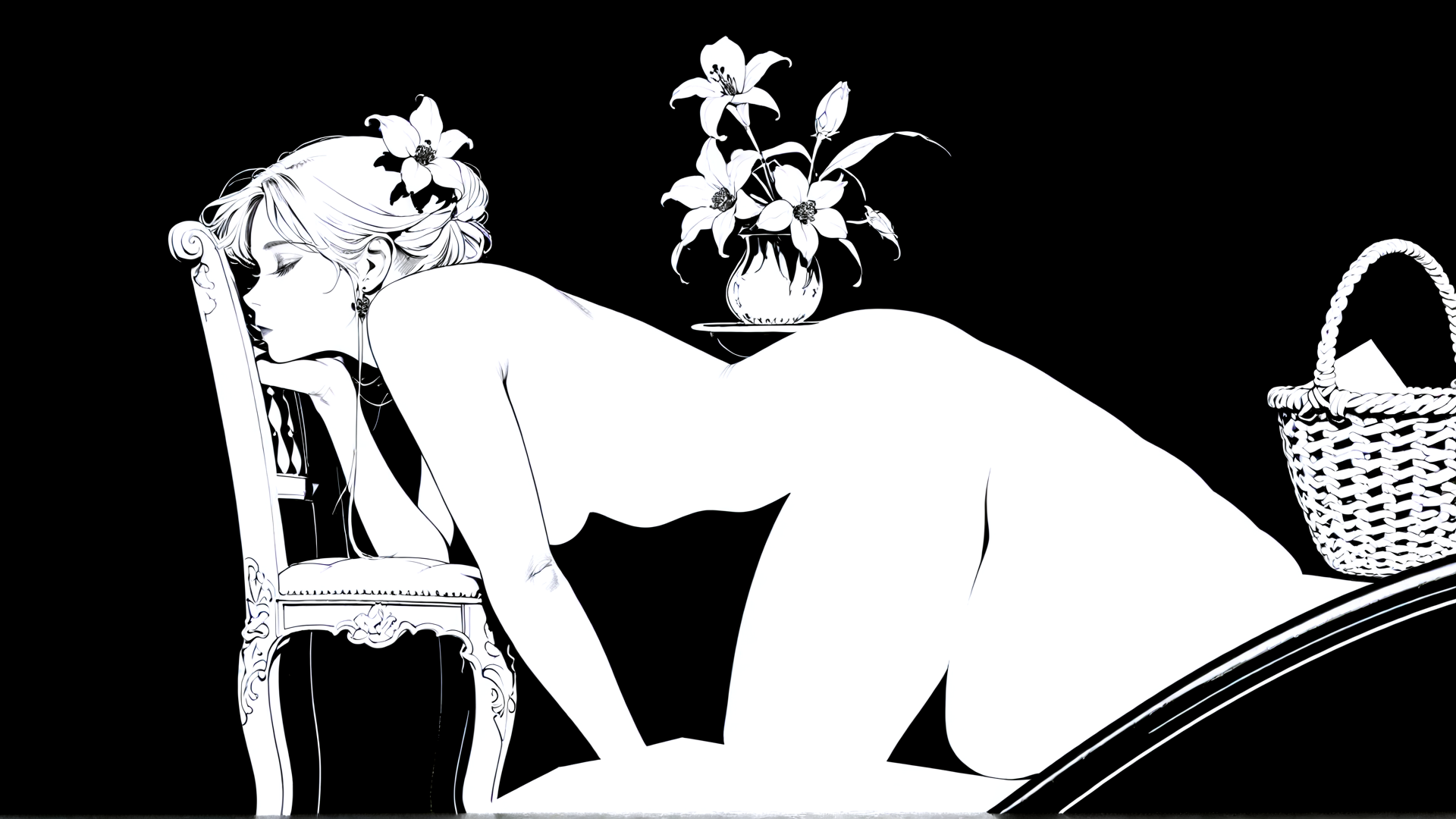 AI generated wallpaper featuring woman, chair, flowers, vase, basket