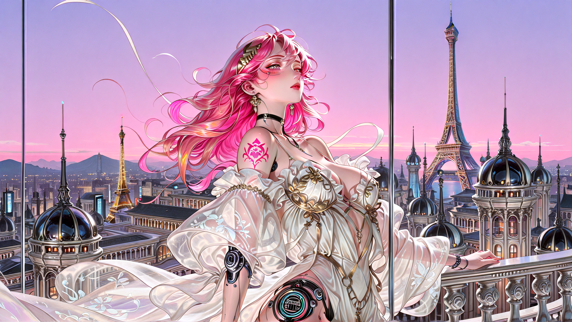 AI generated wallpaper featuring woman, eiffel tower, cityscape, dress, hair