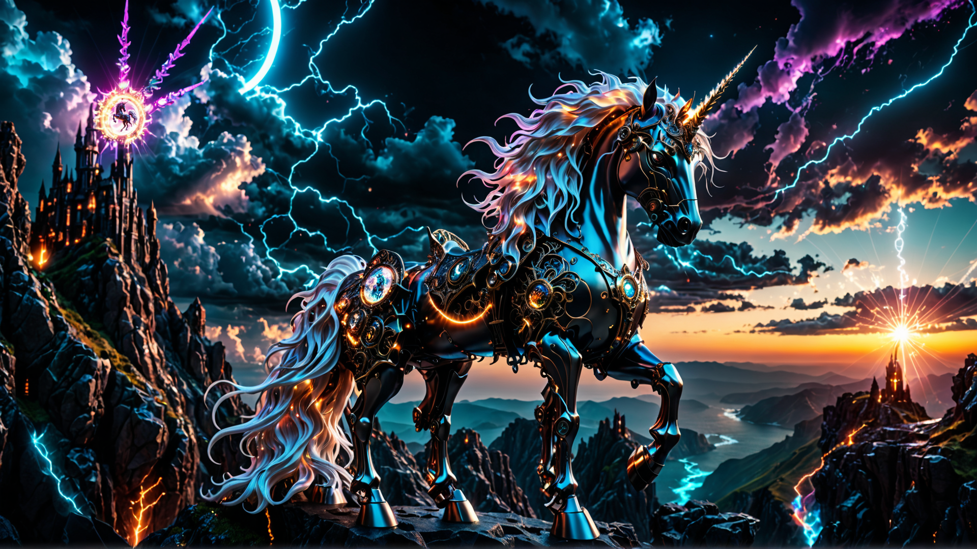 AI generated wallpaper featuring unicorn, castle, mountain