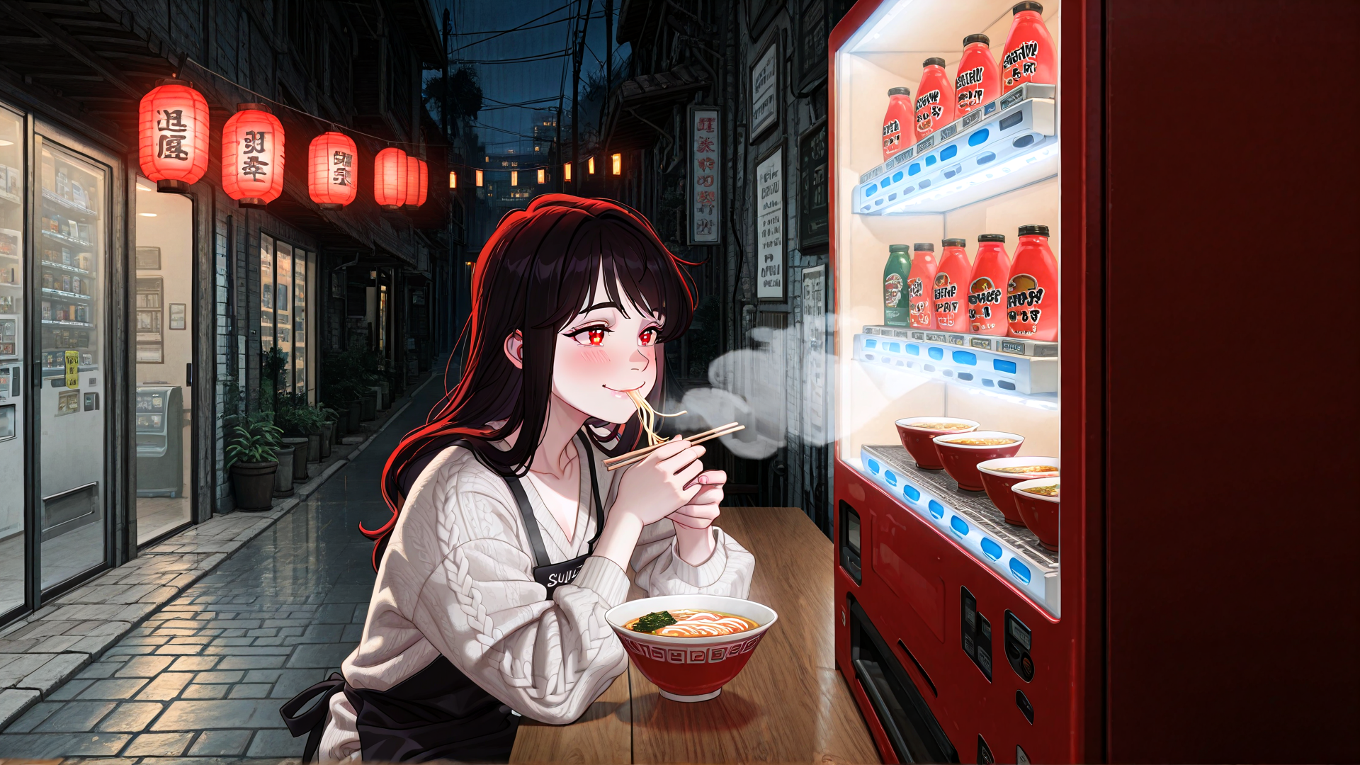 AI generated wallpaper featuring woman, noodle, chopsticks, lantern, refrigerator, street, apron, bowl, sauce, potted plant