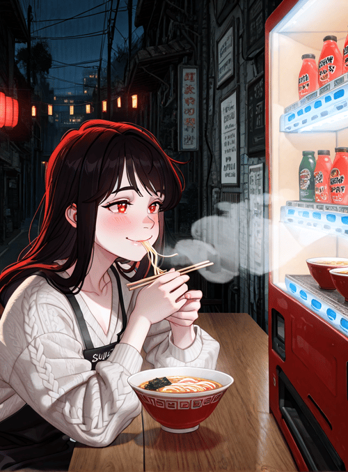 woman, noodle, chopsticks, lantern, refrigerator, street, apron, bowl, sauce, potted plant