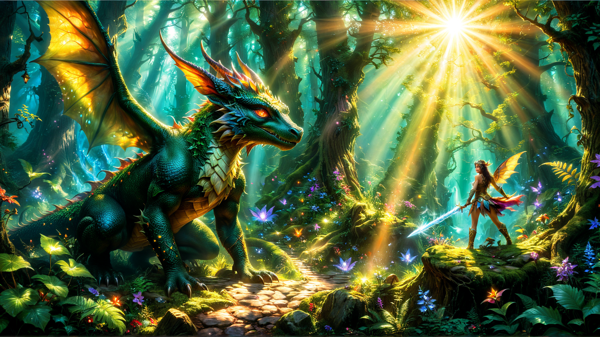 AI generated wallpaper featuring dragon, fairy, forest, sunlight, sword, trees, flowers, butterflies, path, light