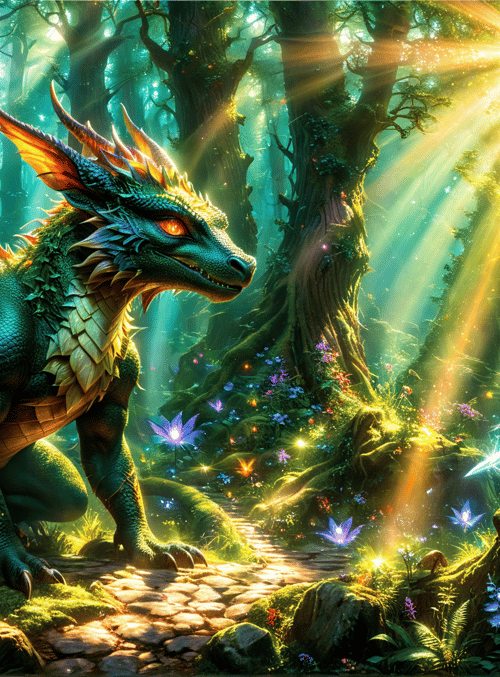 dragon, fairy, forest, sunlight, sword, trees, flowers, butterflies, path, light
