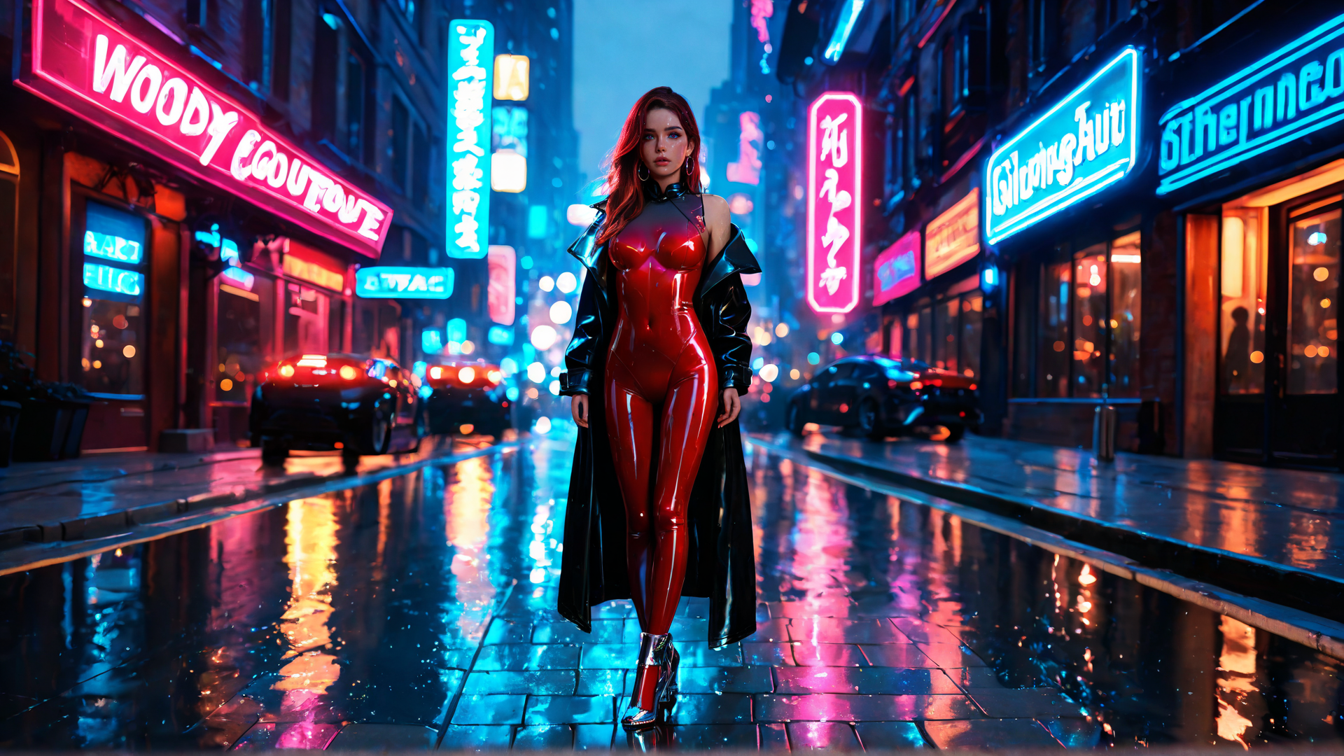 AI generated wallpaper featuring woman, neon, city