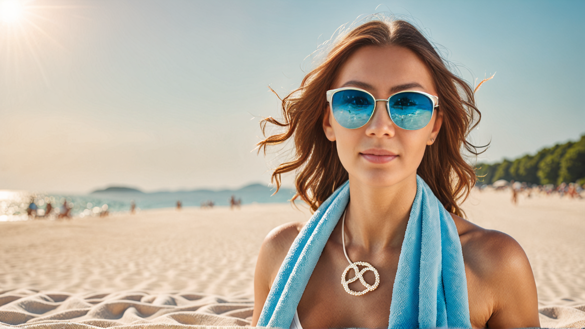 AI generated wallpaper featuring woman, beach, towel