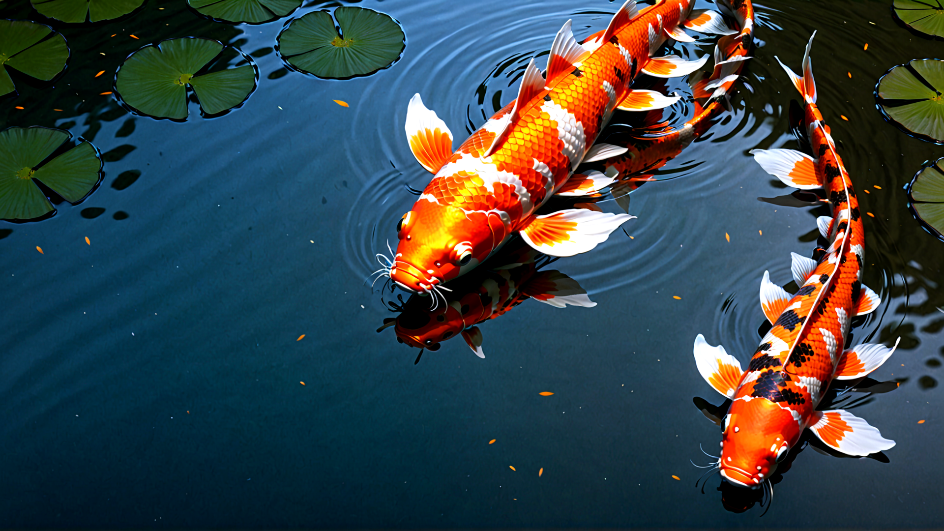AI generated wallpaper featuring koi fish, lotus leaves, water