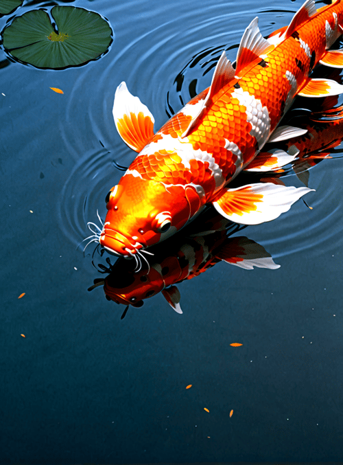 koi fish, lotus leaves, water