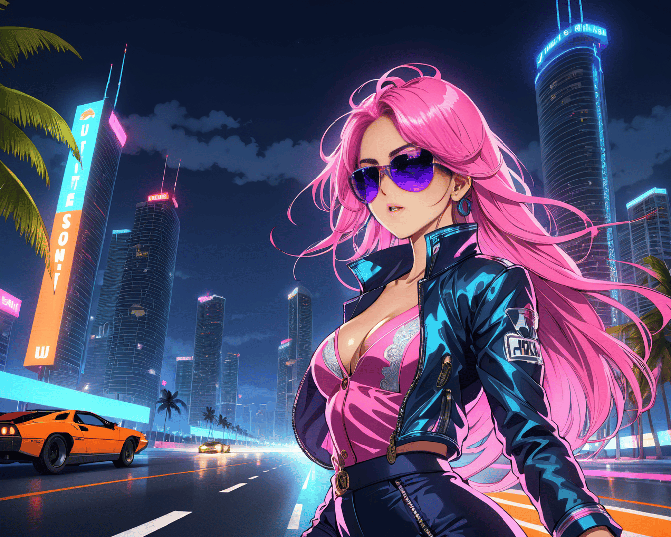 AI generated wallpaper featuring woman, city, car