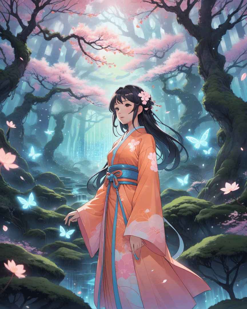 AI generated wallpaper featuring woman, butterfly, sakura
