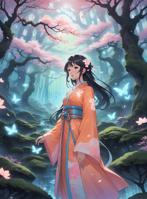 woman, butterfly, sakura