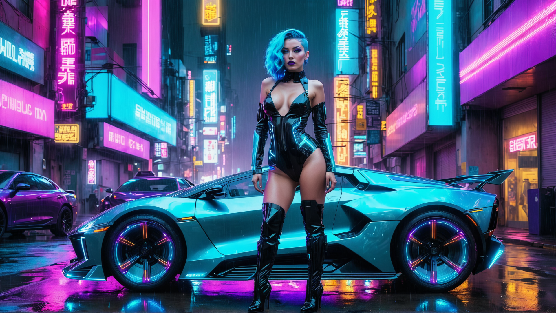 AI generated wallpaper featuring woman, car, neon