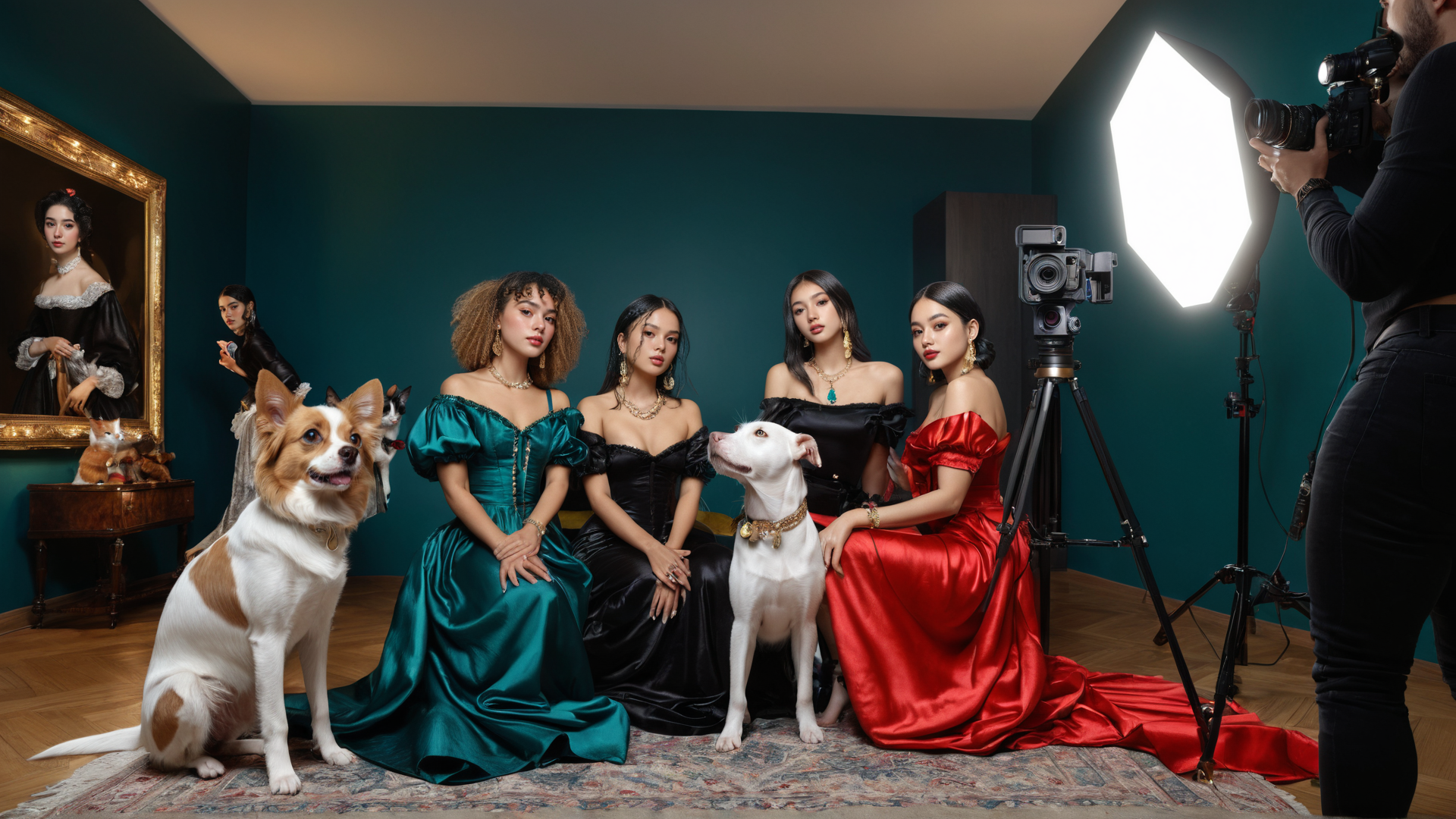 AI generated wallpaper featuring women, dogs