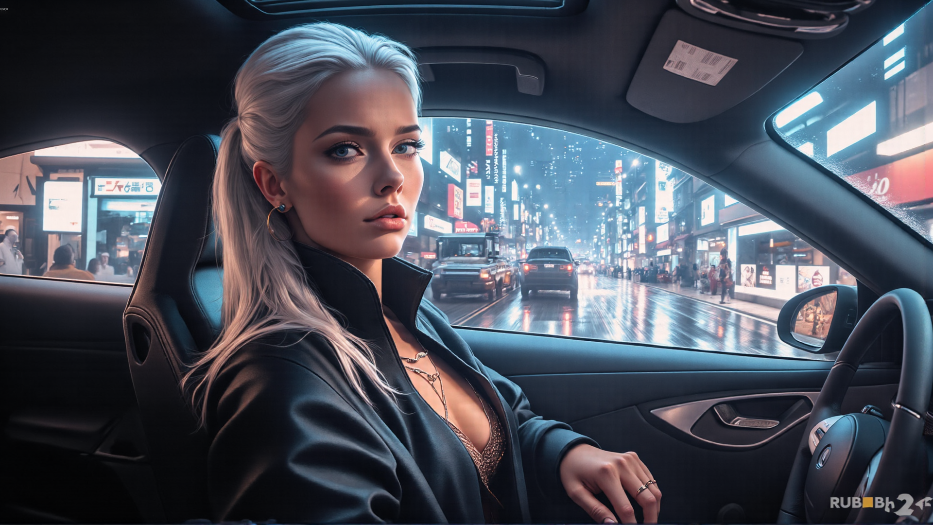 AI generated wallpaper featuring woman, driver, car, city, street