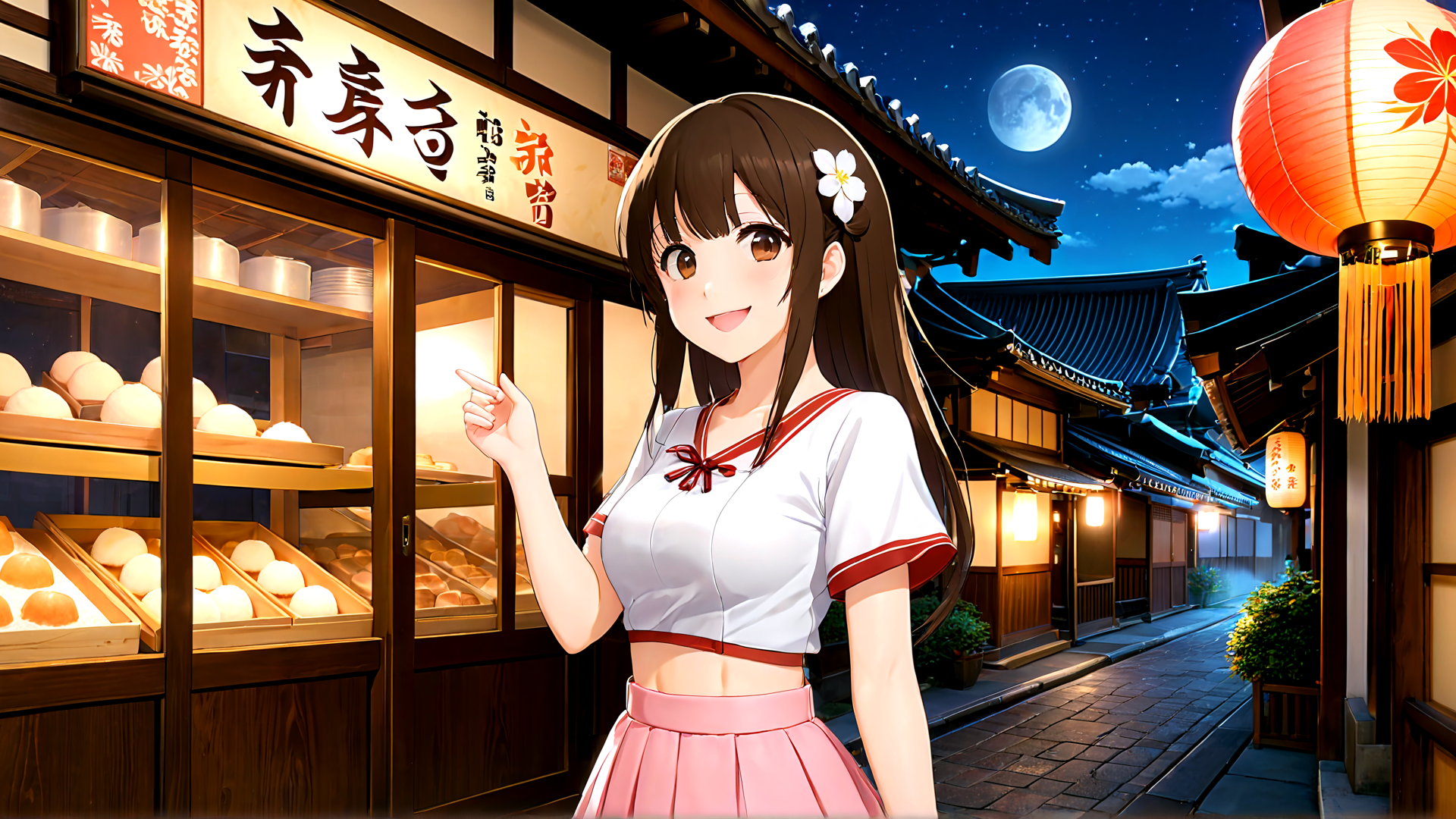 AI generated wallpaper featuring anime girl, bakery, lantern, traditional building, moon