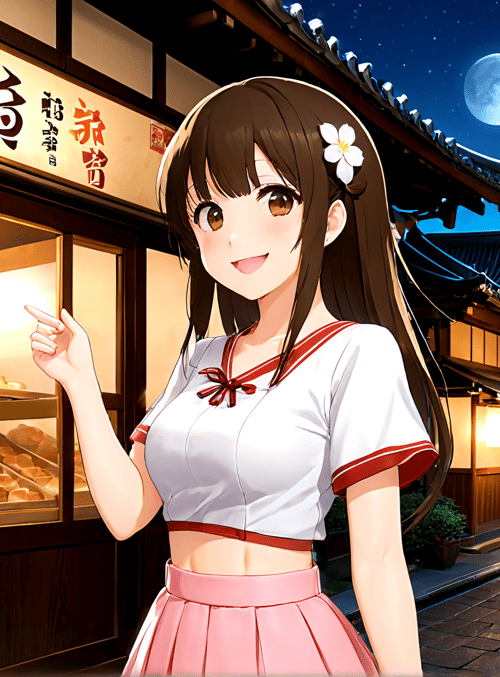 anime girl, bakery, lantern, traditional building, moon
