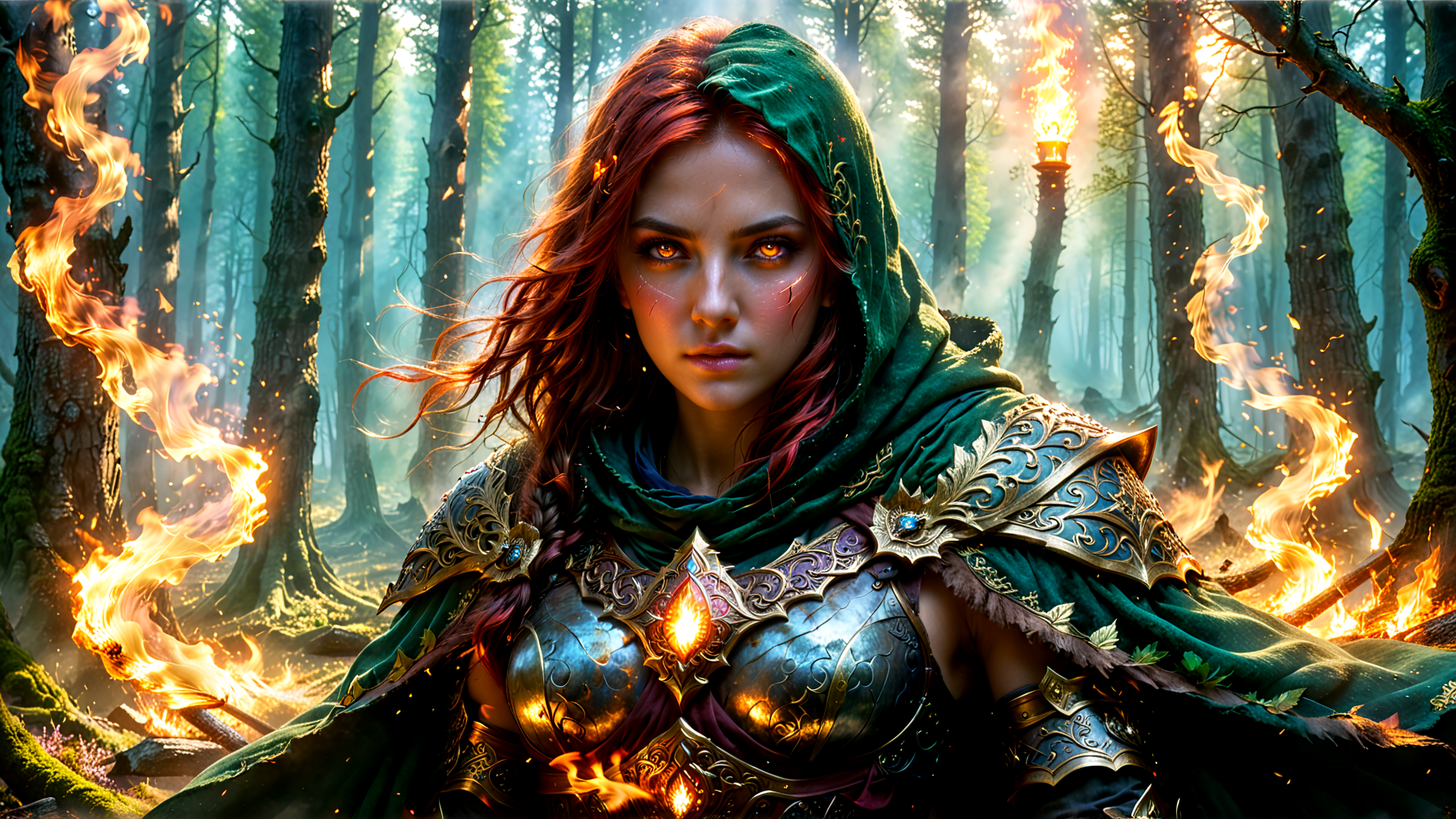 AI generated wallpaper featuring woman, forest, armor, flame, trees, hood, spear