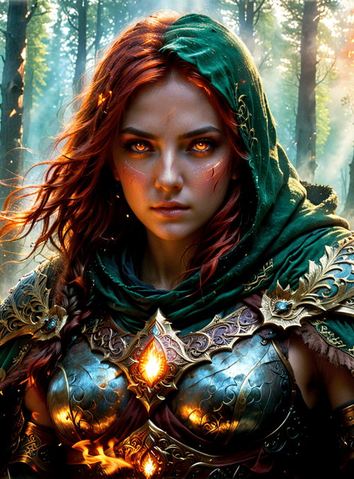 woman, forest, armor, flame, trees, hood, spear
