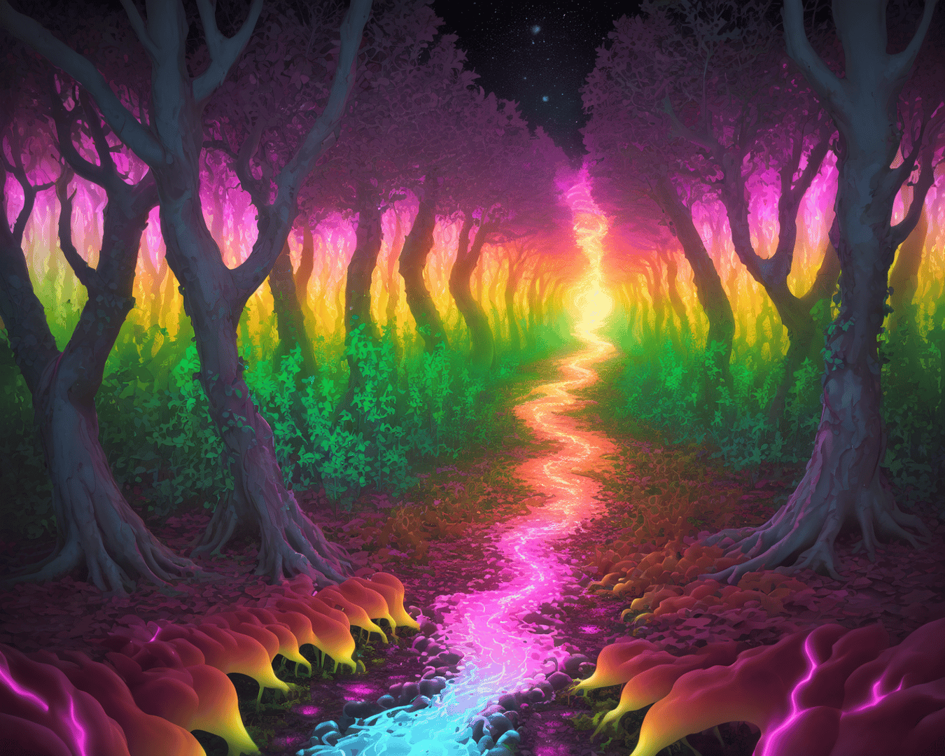 AI generated wallpaper featuring forest, path, trees