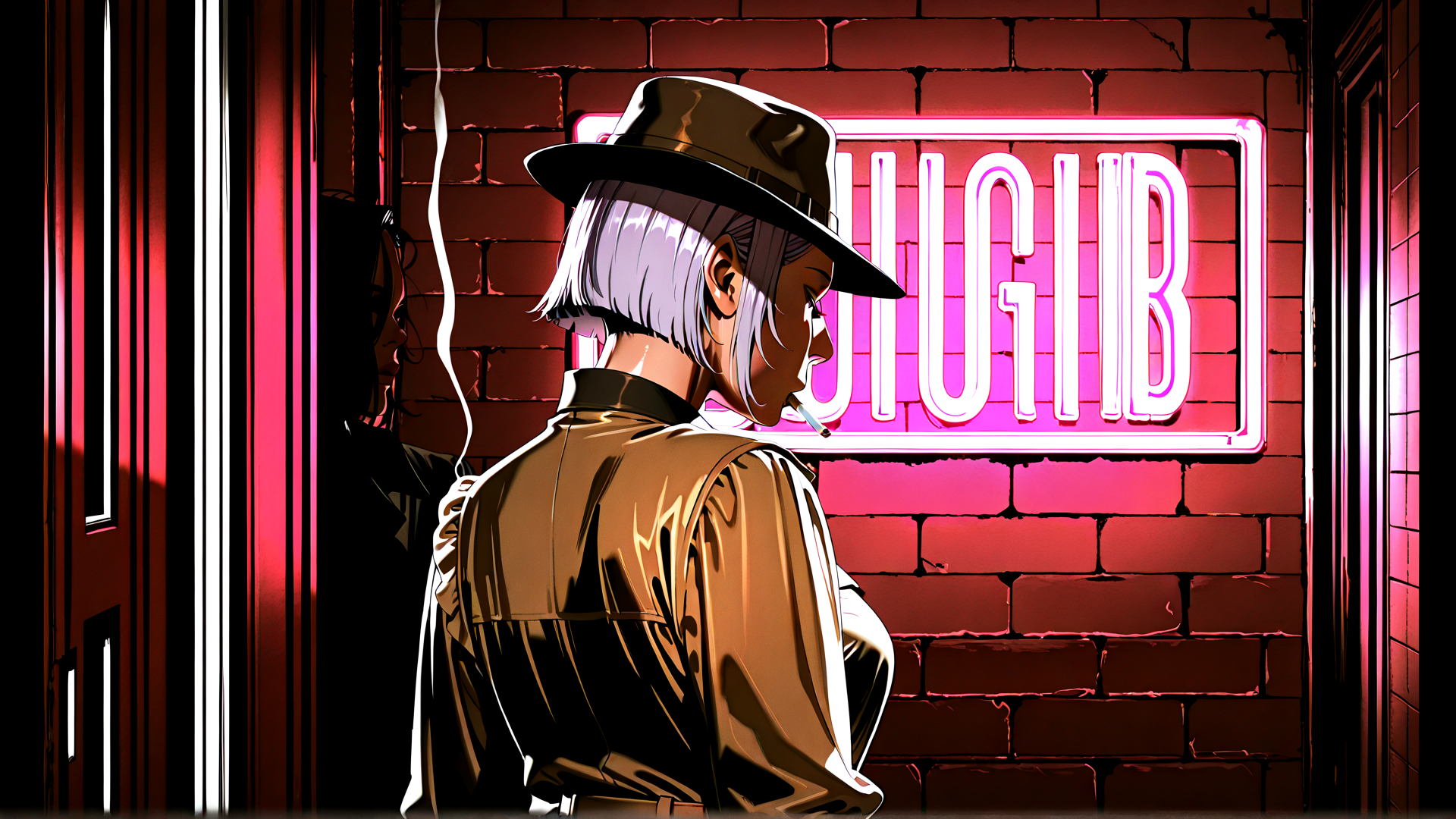 AI generated wallpaper featuring man, neon sign, bricks, hat, cigarette