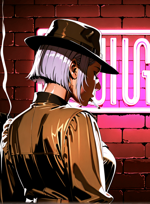 man, neon sign, bricks, hat, cigarette