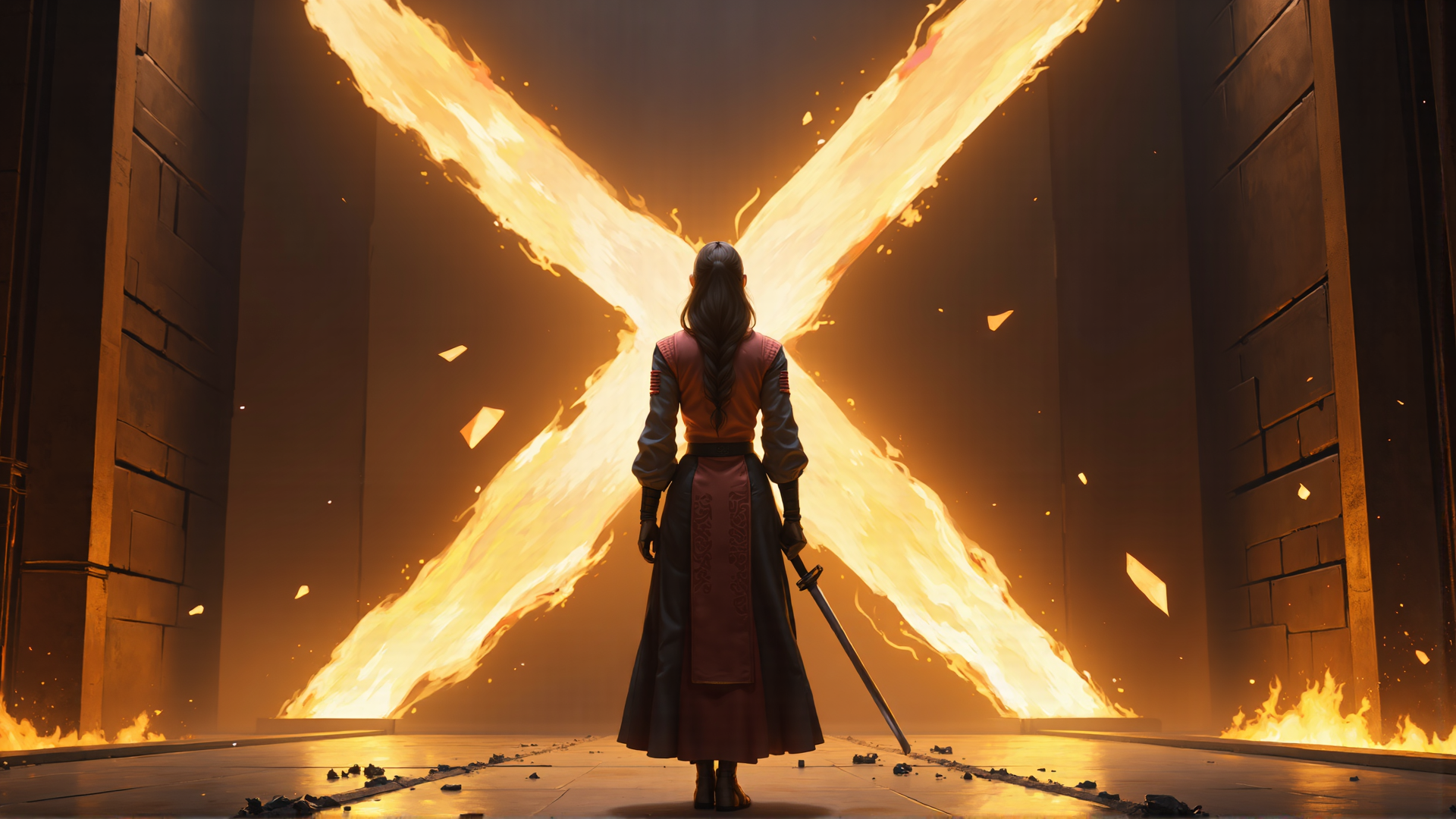 AI generated wallpaper featuring woman, sword, fire, x, armor
