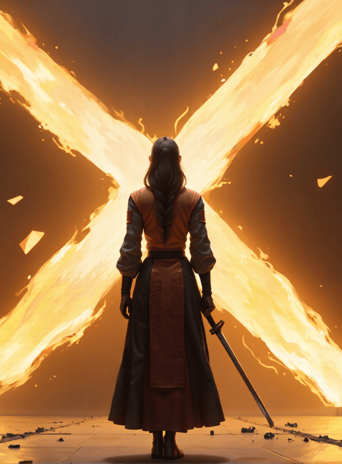 woman, sword, fire, x, armor