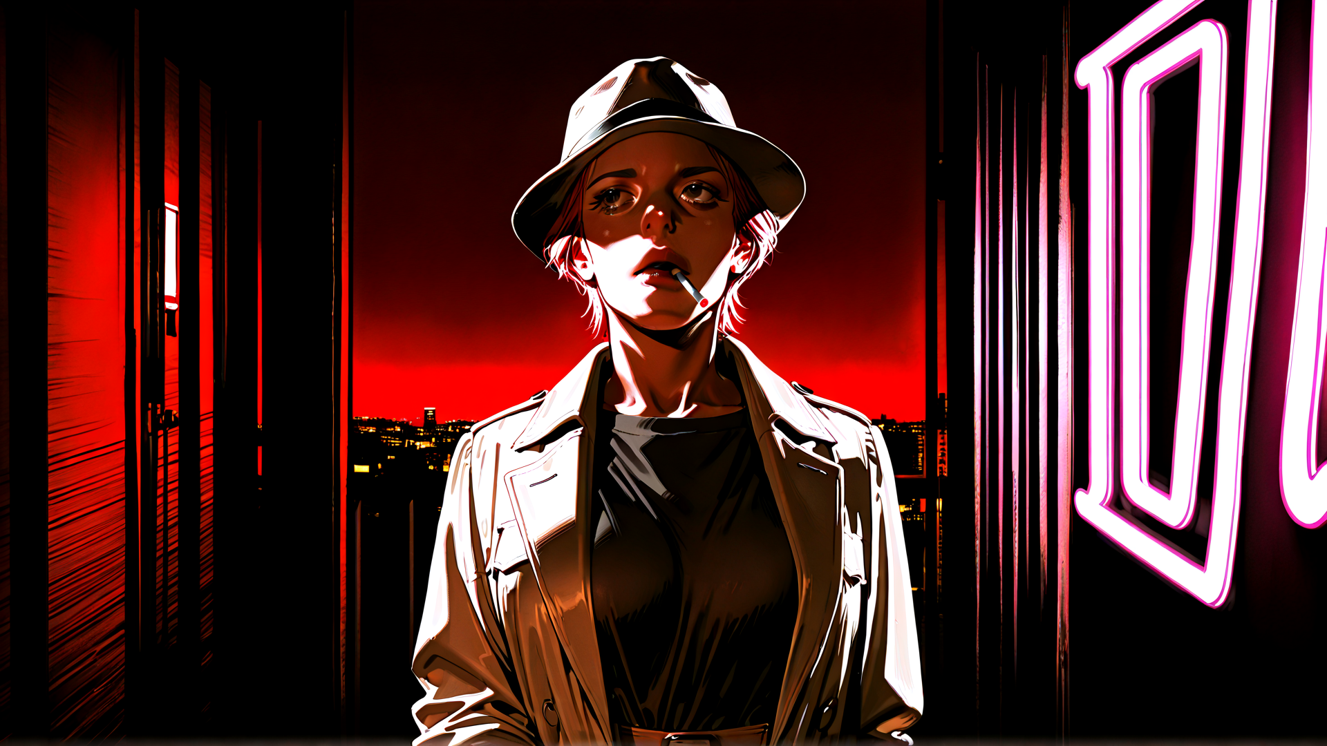 AI generated wallpaper featuring woman, hat, jacket, cityscape, neon sign, cigarette