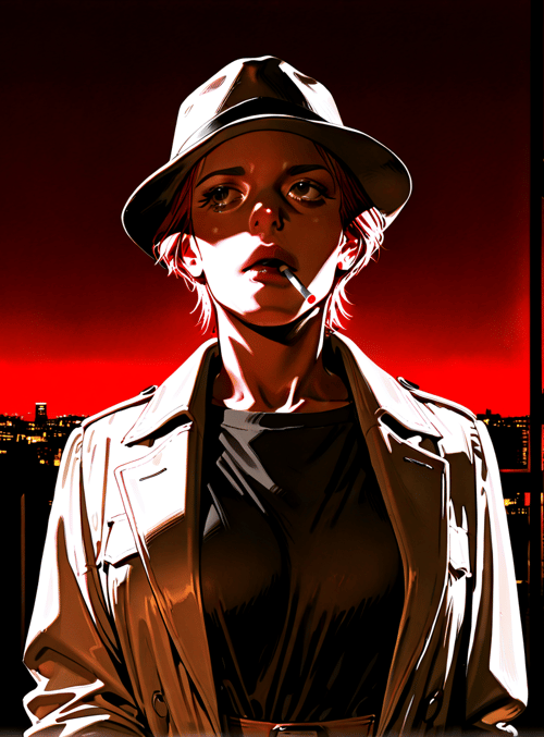 woman, hat, jacket, cityscape, neon sign, cigarette