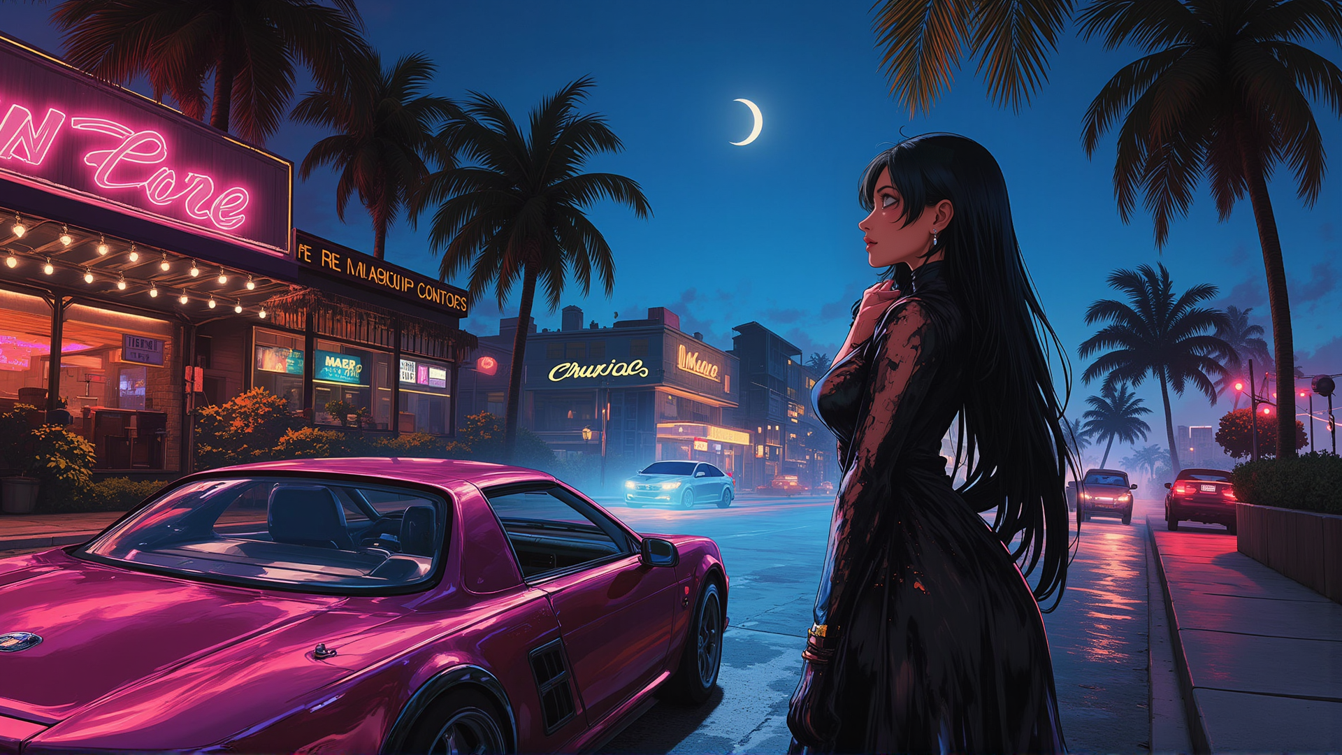 AI generated wallpaper featuring woman, car, street