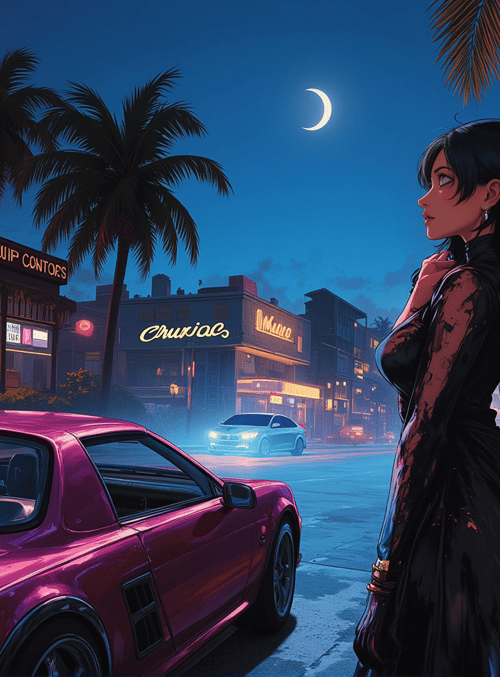 woman, car, street