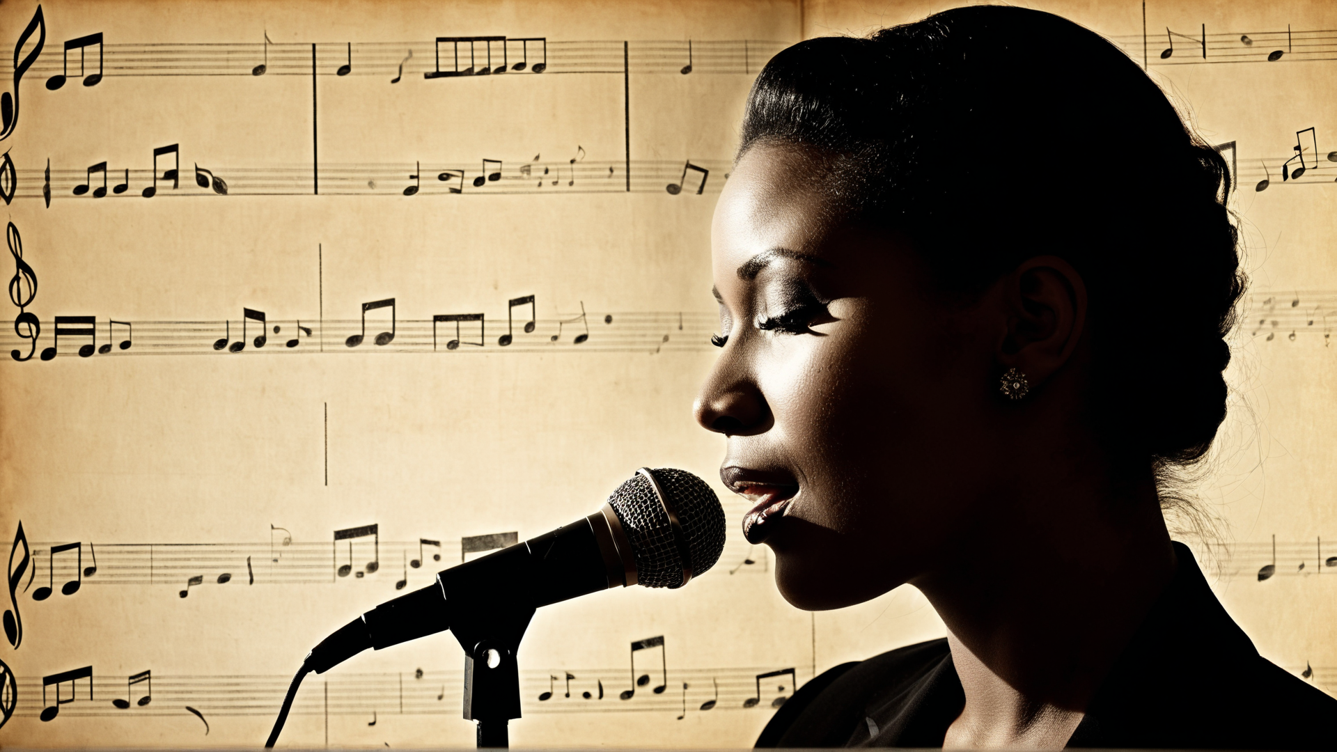 AI generated wallpaper featuring singer, microphone, sheet music
