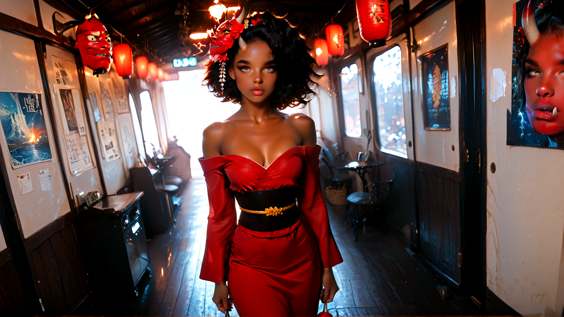 AI generated wallpaper featuring woman, devil, dress, train, lantern, art, mask, poster, hair, horn