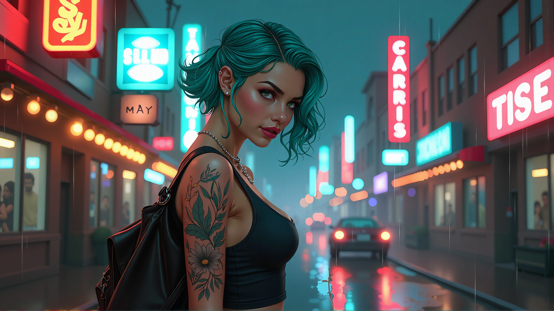 AI generated wallpaper featuring woman, tattoo, neon, street, city, signs, rain, car, bag, hair