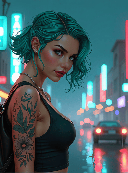 woman, tattoo, neon, street, city, signs, rain, car, bag, hair