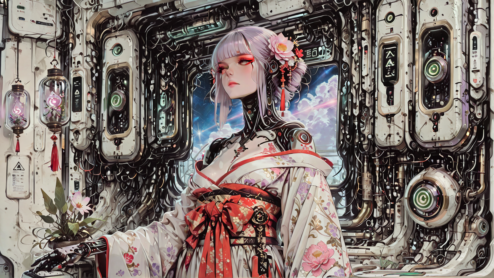 AI generated wallpaper featuring cyborg, woman, kimono, robotic, flower, lantern, gears, sakura, space, sash