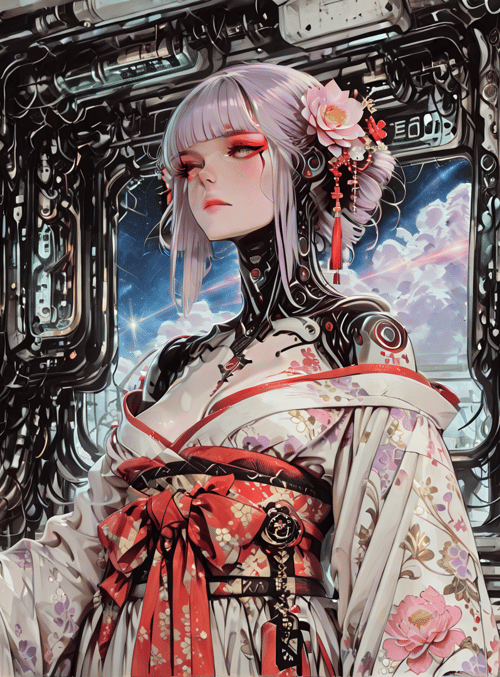 cyborg, woman, kimono, robotic, flower, lantern, gears, sakura, space, sash