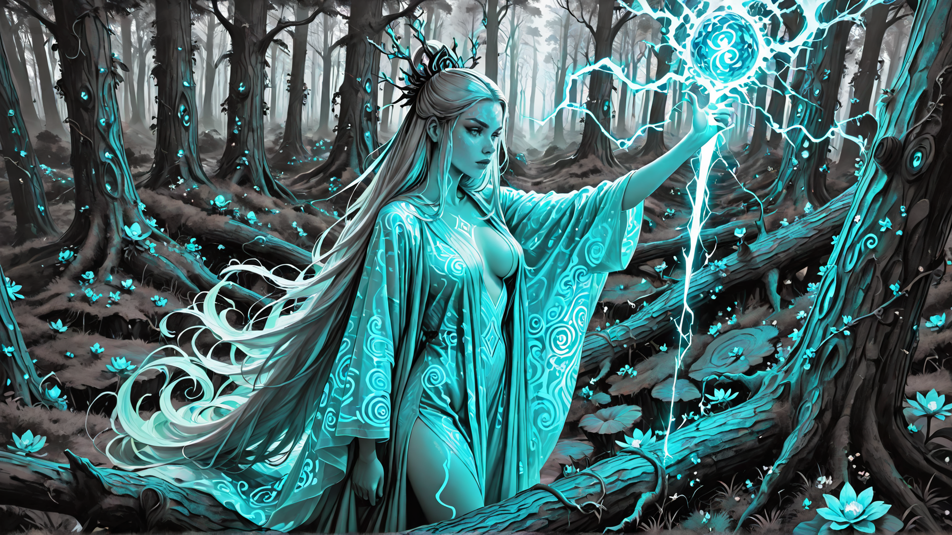 AI generated wallpaper featuring woman, forest, magic, lightning, trees, crystals, luminescent, spirit, nature, energy