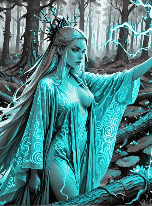 woman, forest, magic, lightning, trees, crystals, luminescent, spirit, nature, energy