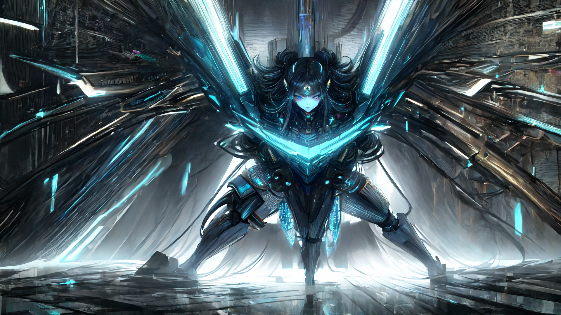 AI generated wallpaper featuring cybernetic warrior, neon, futuristic armor, digital, glowing