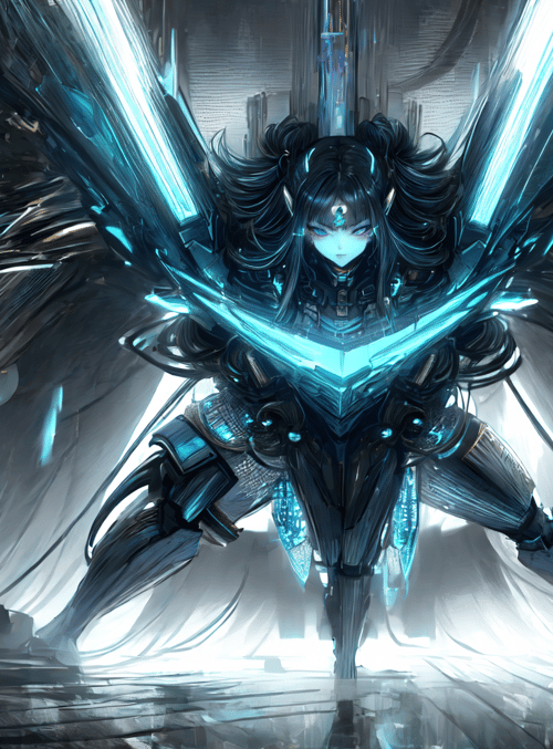 cybernetic warrior, neon, futuristic armor, digital, glowing