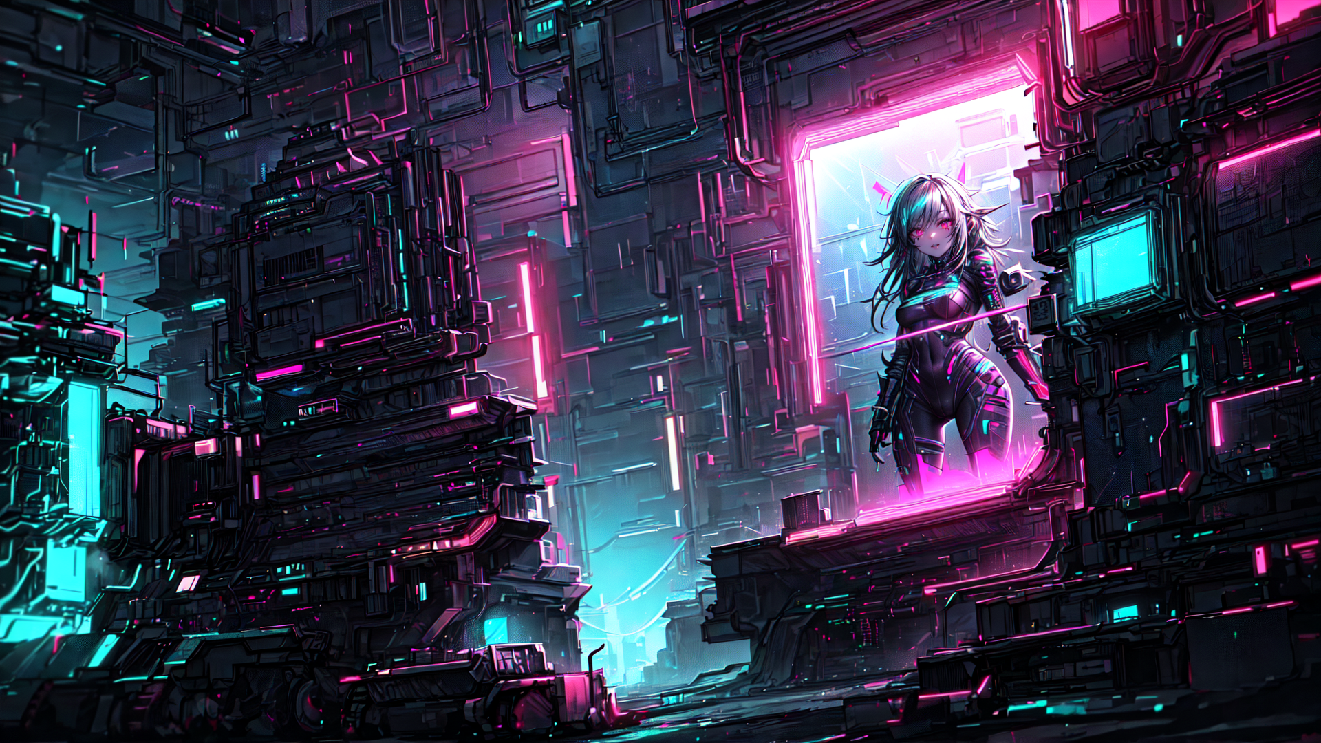 AI generated wallpaper featuring cyberpunk, woman, neon, cityscape, futuristic, tech