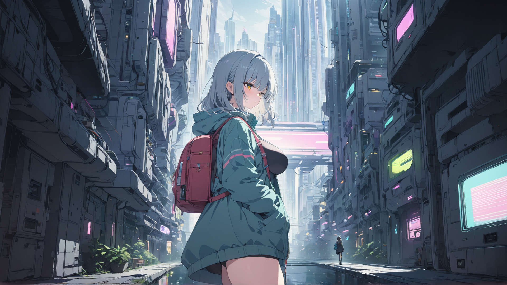 AI generated wallpaper featuring girl, cityscape, cyberpunk