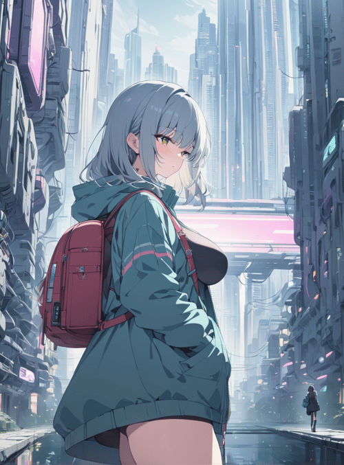 girl, cityscape, cyberpunk