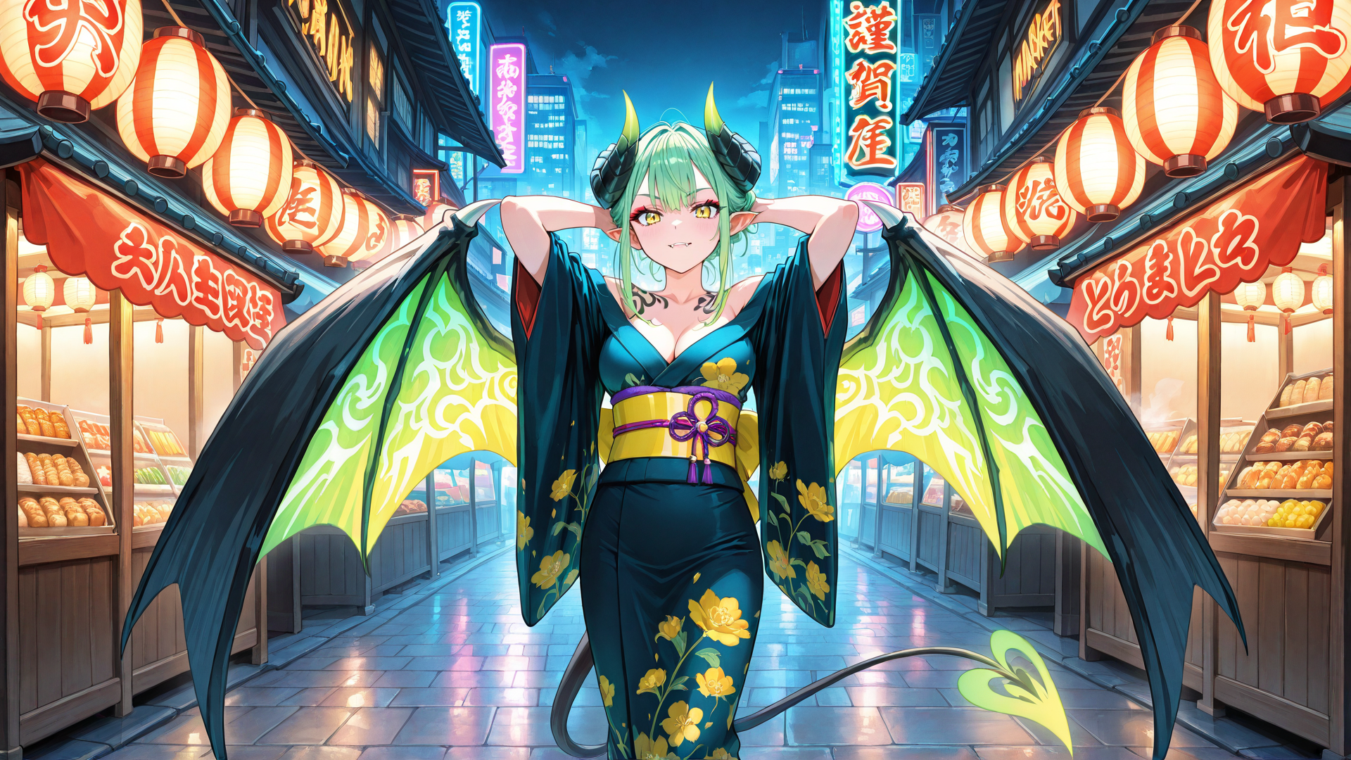 AI generated wallpaper featuring dragon, woman, kimono, street, lanterns, market